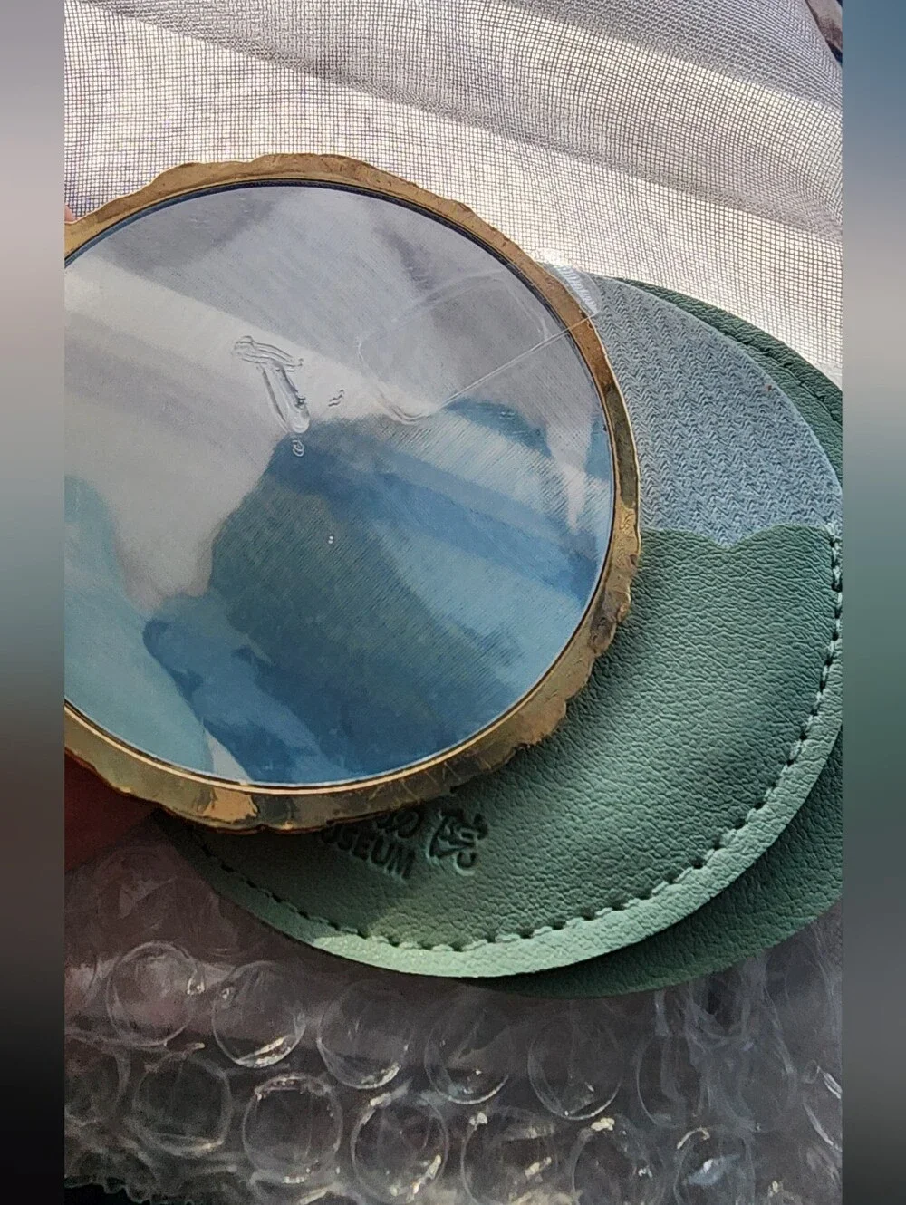 Xian Museum Gold-Tone Compact Mirror in Mint and Pink